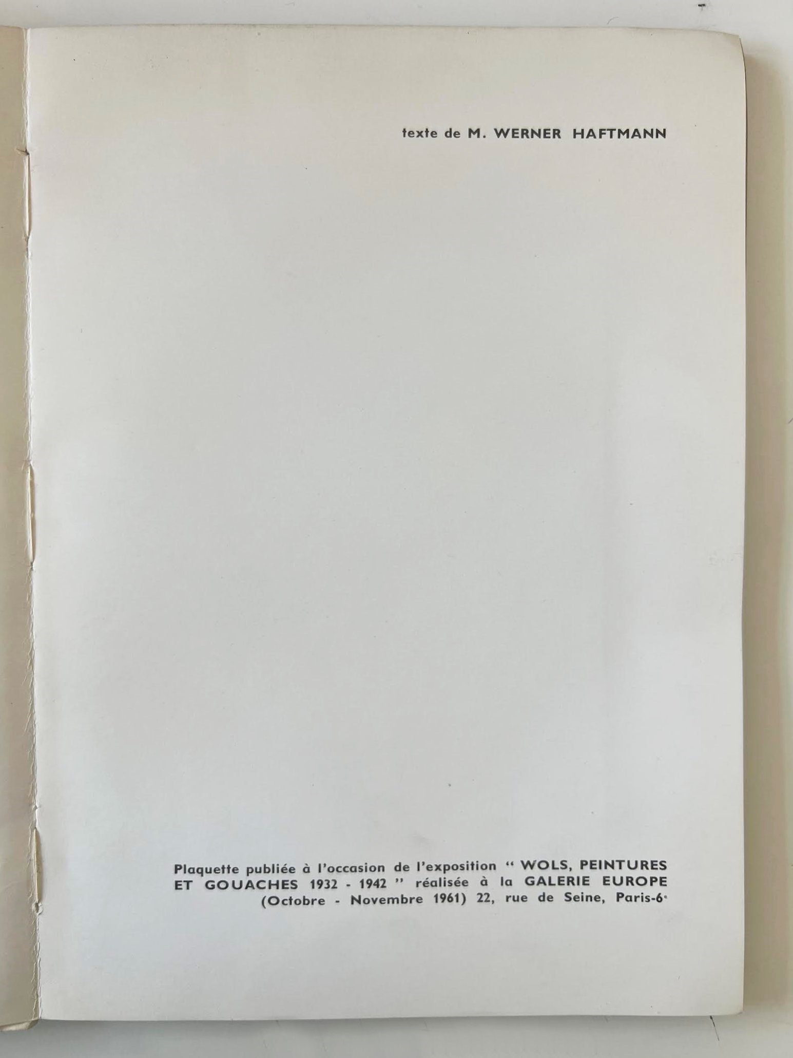 Wols (Alfred Otto Wolfgang Schulze), Catalogo della mostra “Peintures et Gouaches” 1932-1942, 196...