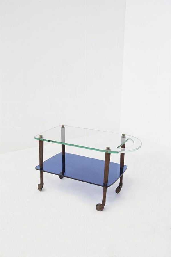 Fontana Arte Carrello portavivande in vetro blu specchiato, legno e ottone (Attr)