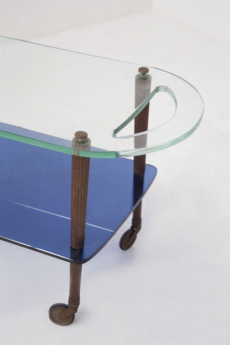 Fontana Arte Carrello Portavivande in Vetro Blu Specchiato, Legno e Ottone (attr)