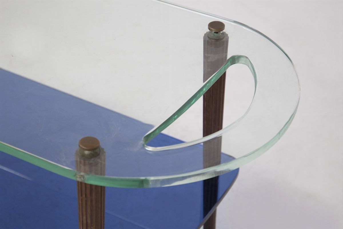 Fontana Arte Carrello Portavivande in Vetro Blu Specchiato, Legno e Ottone (attr)