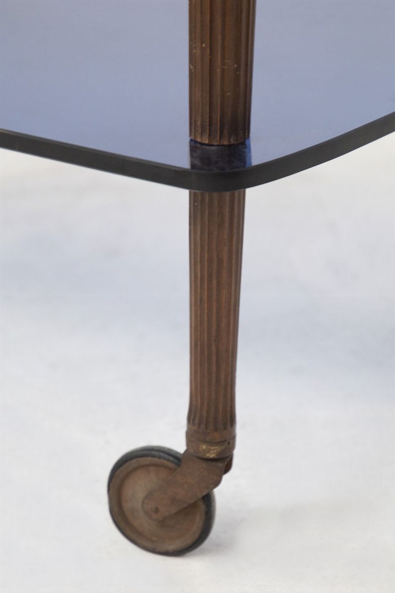 Fontana Arte Carrello Portavivande in Vetro Blu Specchiato, Legno e Ottone (attr)