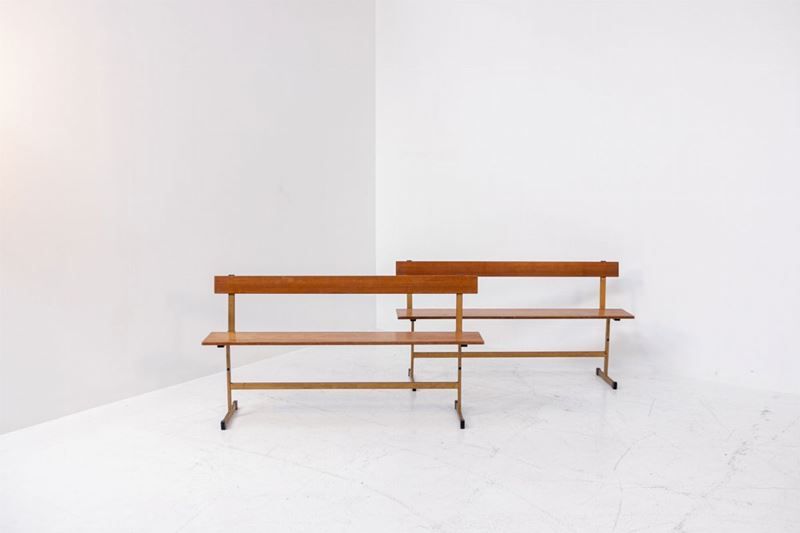 Pair of Italian Benches in Wood and Brass