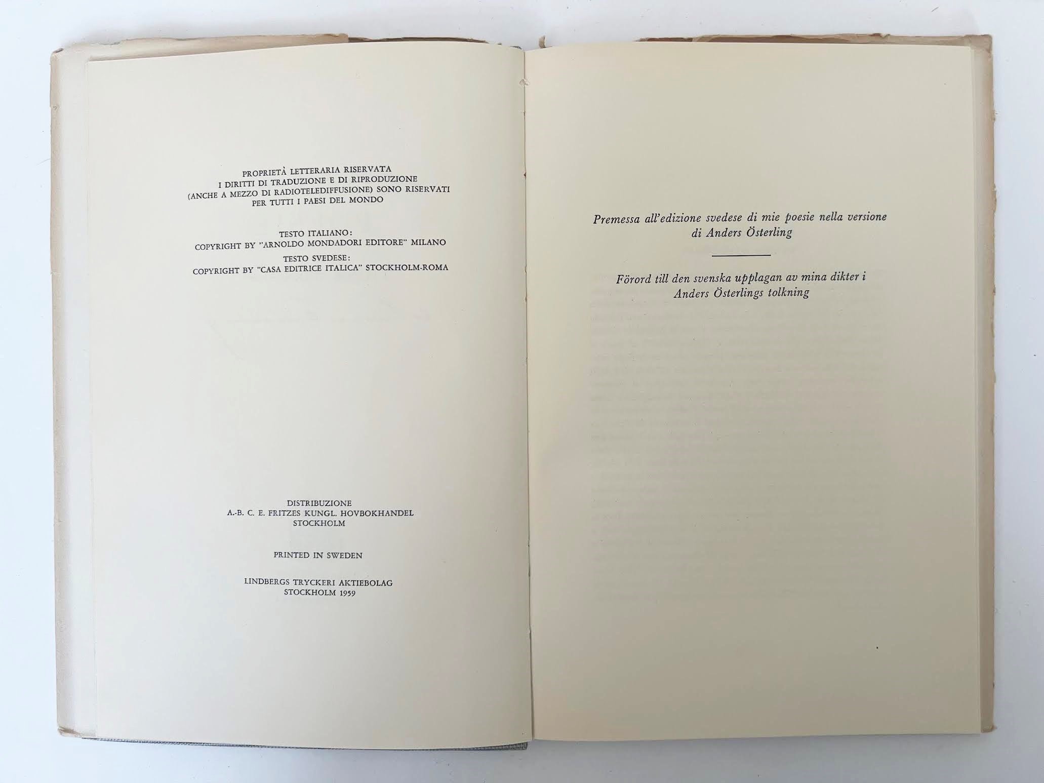Salvatore Quasimodo, Poesie (edizione in traduzione svedese di Anders Österling), Casa Editrice I...