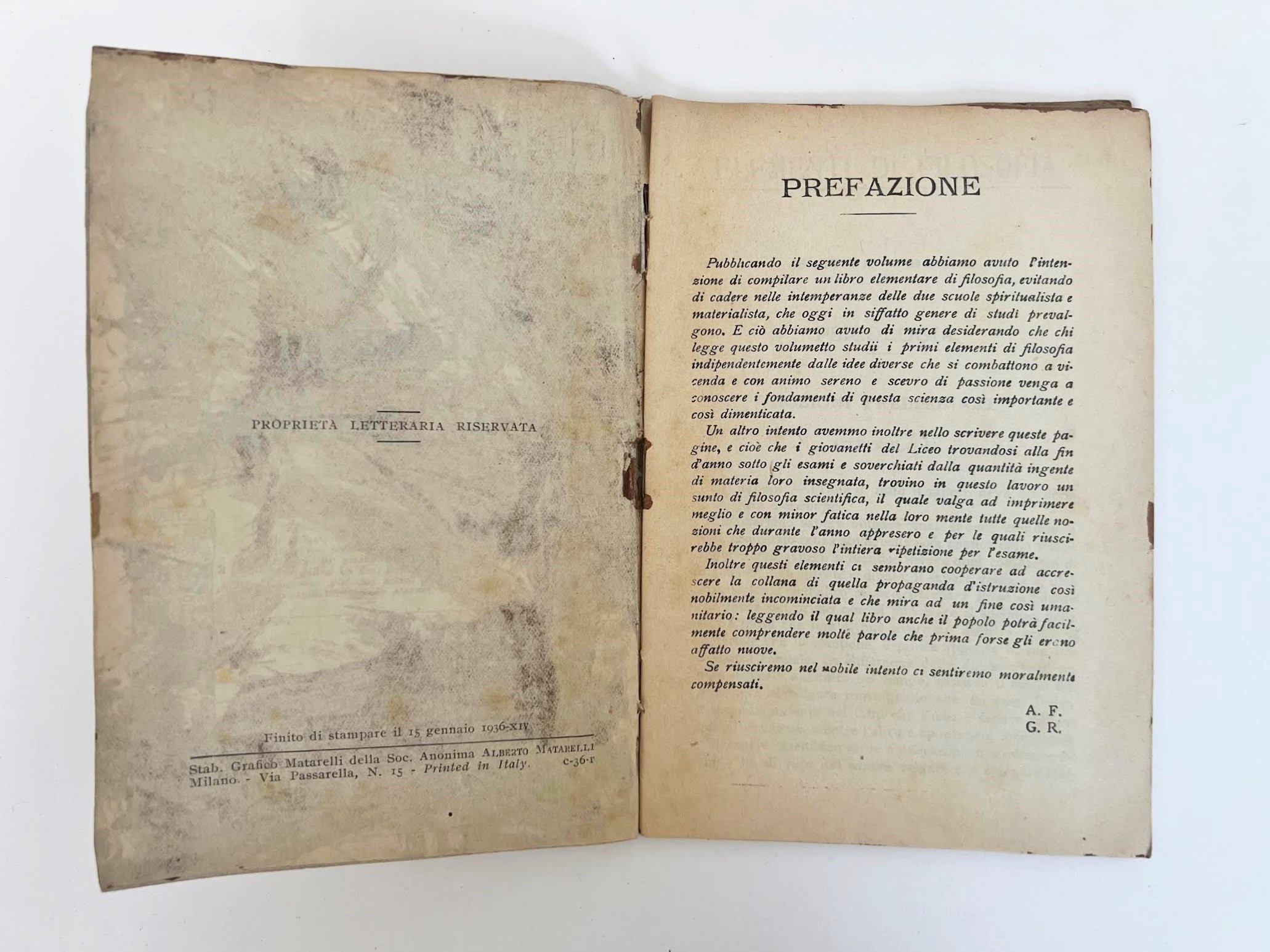 Società Anonima Alberto Matarelli, Elementi di Filosofia (1936), volumetto scolastico in brossura