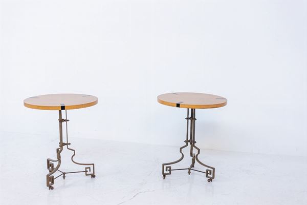 Pair of French Folding Gueridon in Brass and Pearwood