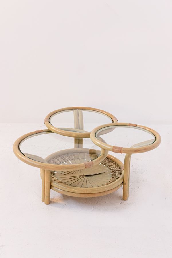 Paolo Buffa - Italian Coffee Table in Rattan and Glass with Three Risers