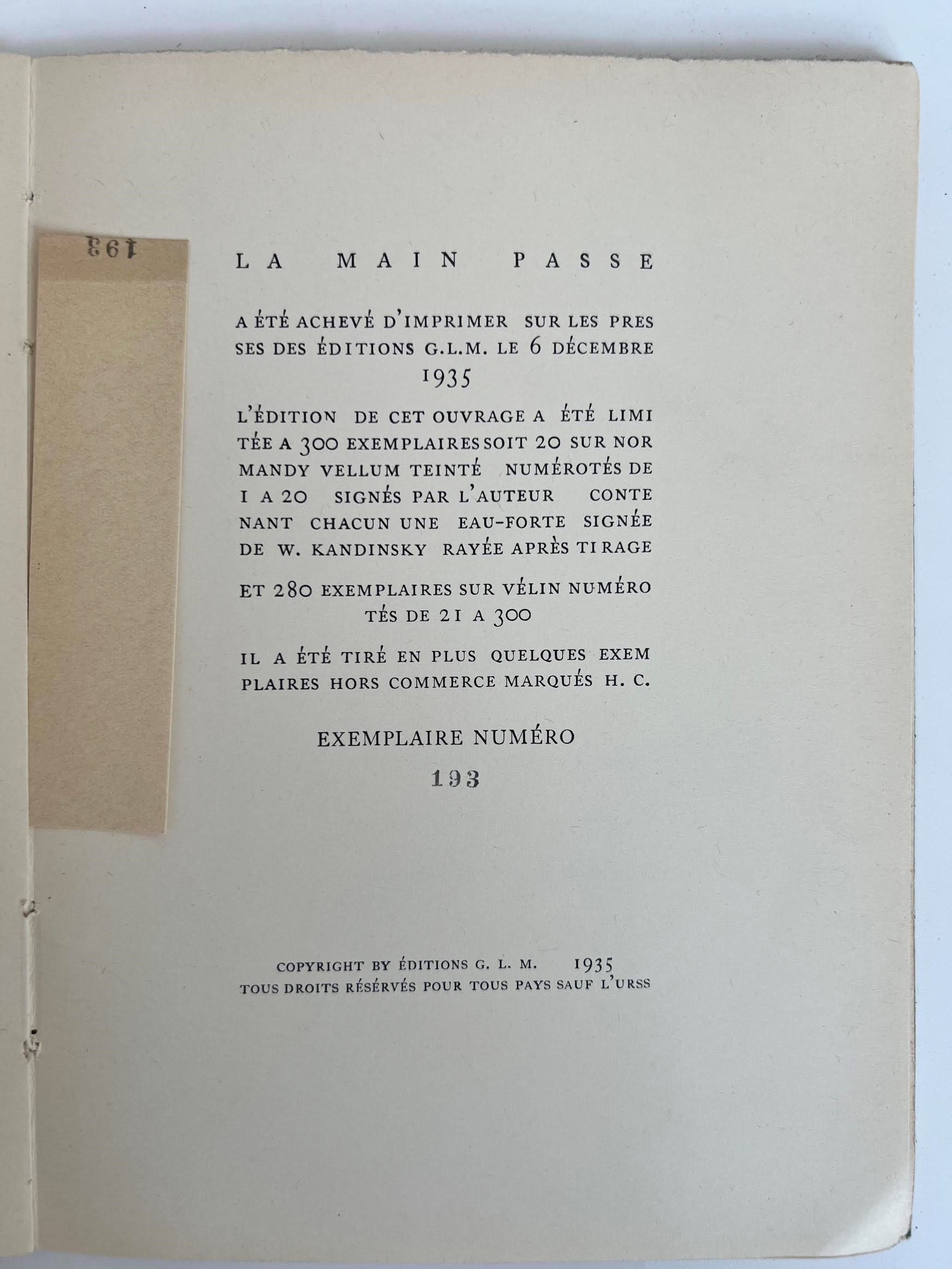 Tristan Tzara, La main passe (edizione del 1935), esemplare numerato n. 193