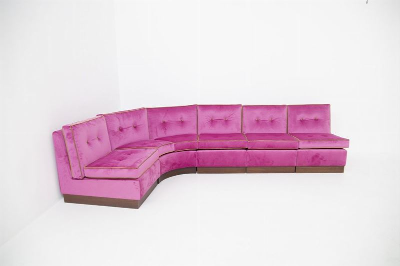 Sofà Italiano Modulare in Velluto Rosa e Verde, Restaurato