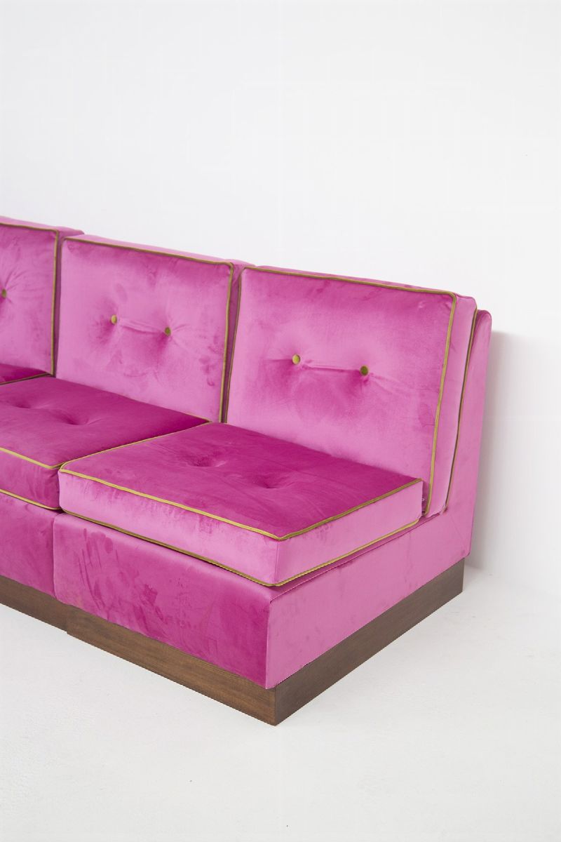 Sofà Italiano Modulare in Velluto Rosa e Verde, Restaurato