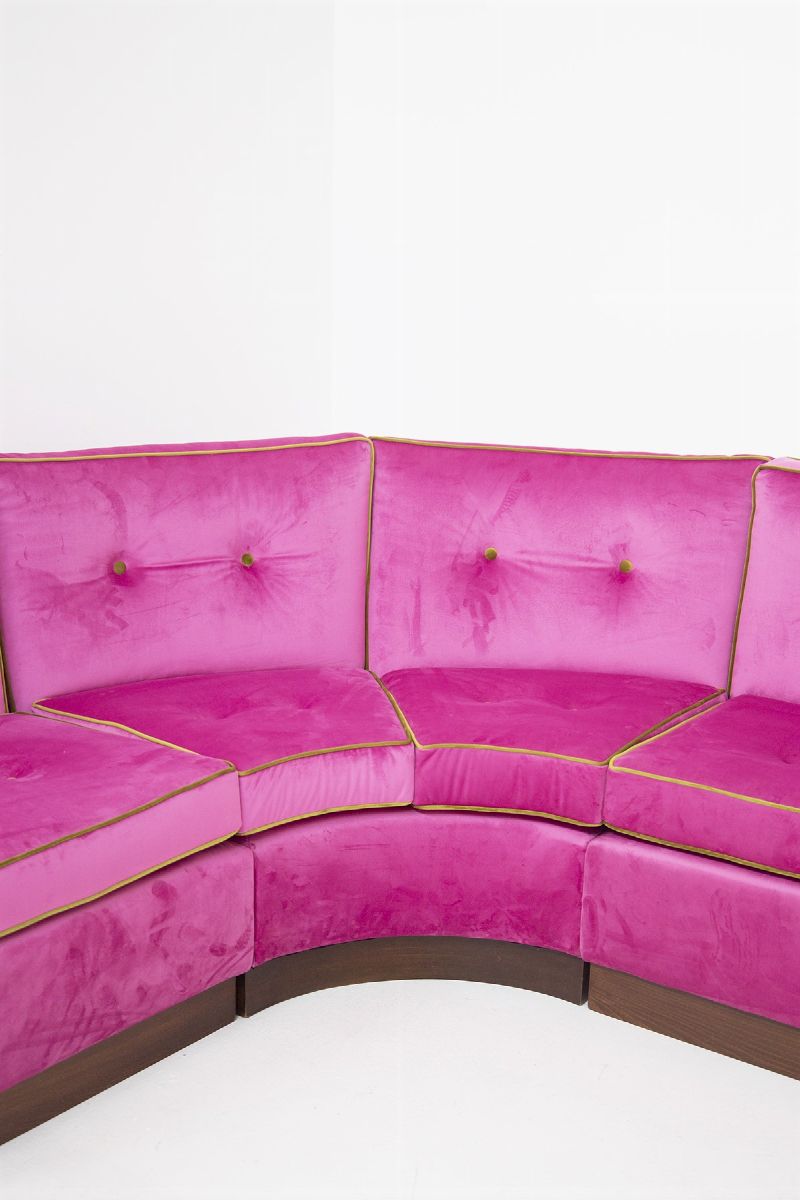 Sofà Italiano Modulare in Velluto Rosa e Verde, Restaurato