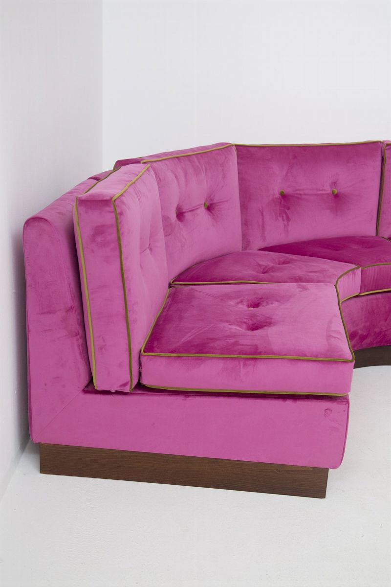 Sofà Italiano Modulare in Velluto Rosa e Verde, Restaurato