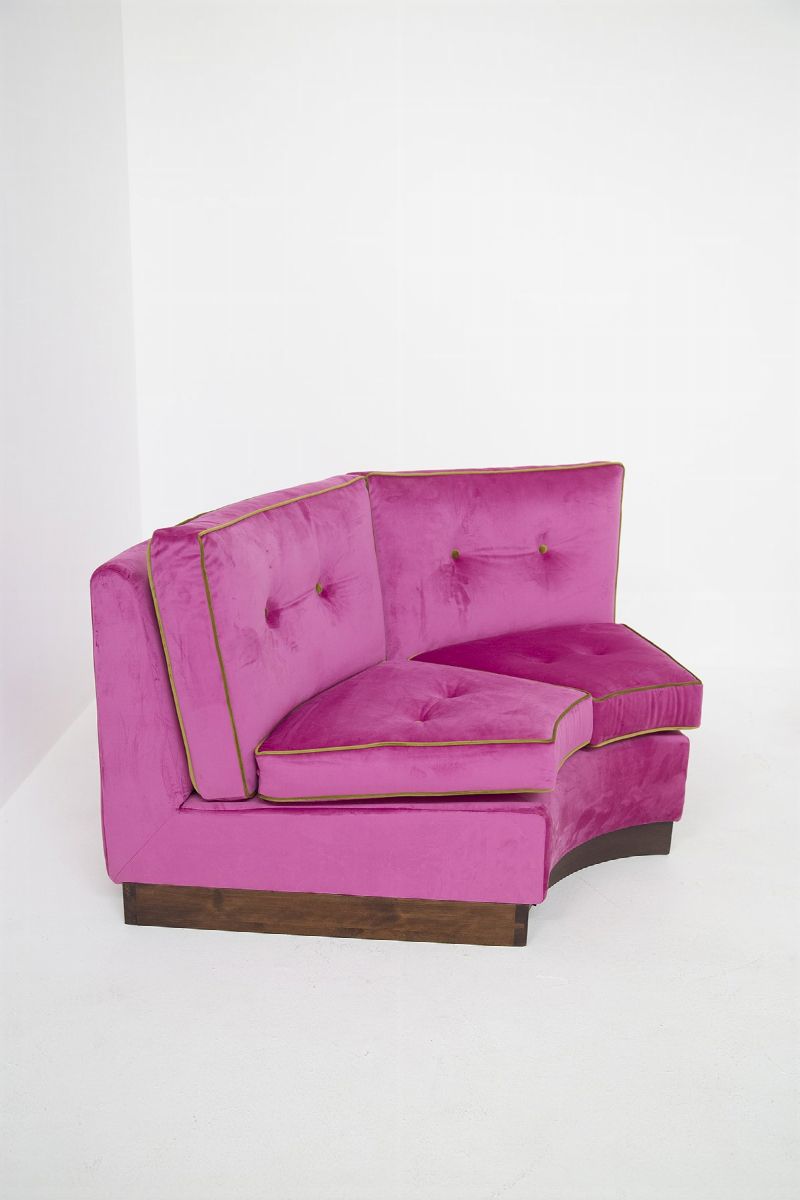 Sofà Italiano Modulare in Velluto Rosa e Verde, Restaurato