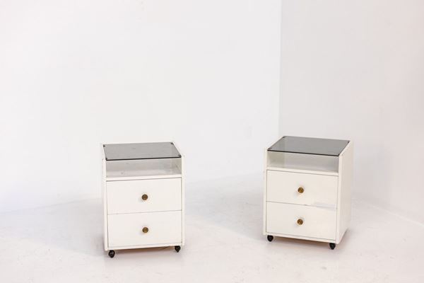 Carlo De Carli - Pair of White Night Stand for Sormani in Wood Brass and Glass