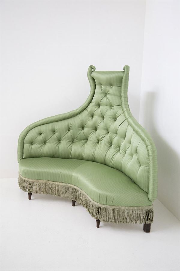 Italian Vintage Luxury Sofa in Wood and Green Silk Satin