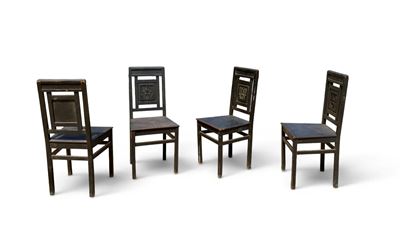 Quattro sedie in stile Liberty con fascio littorio, legno laccato nero (anni 1930)