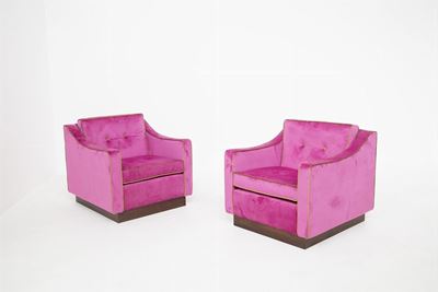 Poltrone Italiane in Velluto Rosa e Verde, Restaurate