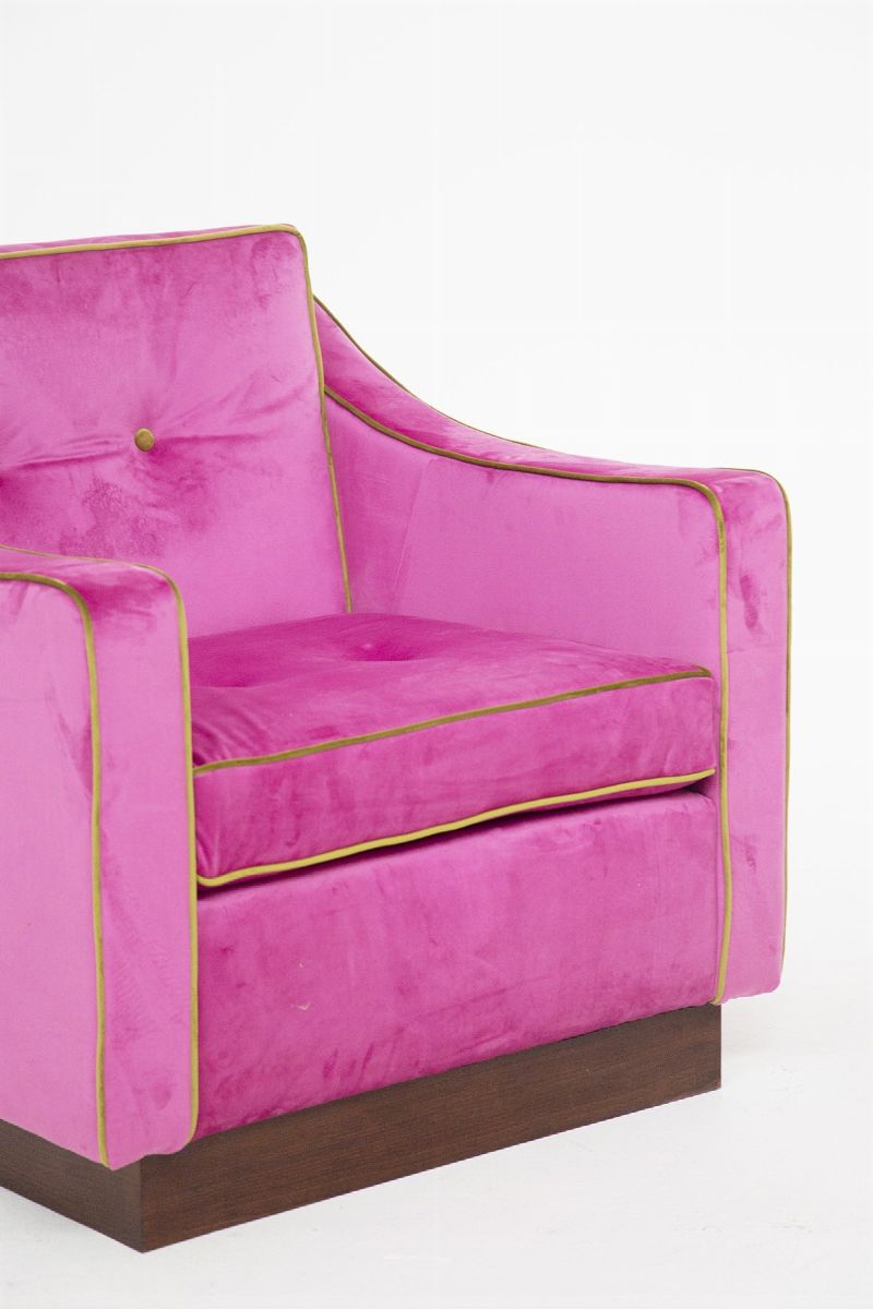 Poltrone Italiane in Velluto Rosa e Verde, Restaurate