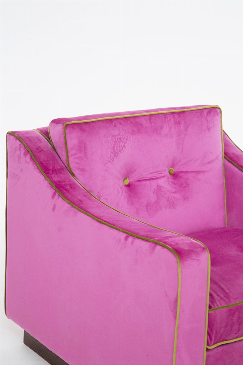 Poltrone Italiane in Velluto Rosa e Verde, Restaurate