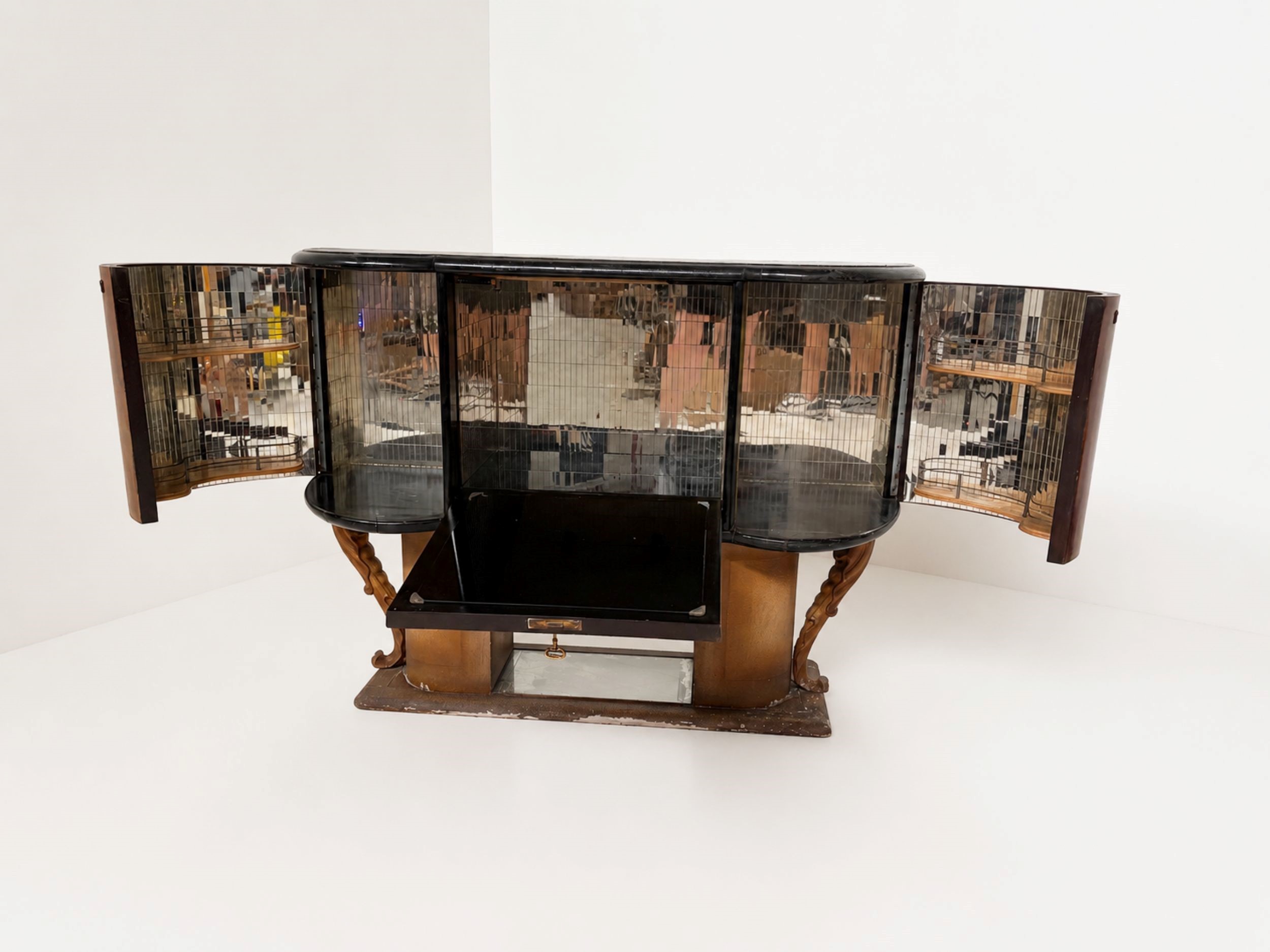 Manifattura Italiana - Mobile bar Art Déco in legno con vetro e specchio