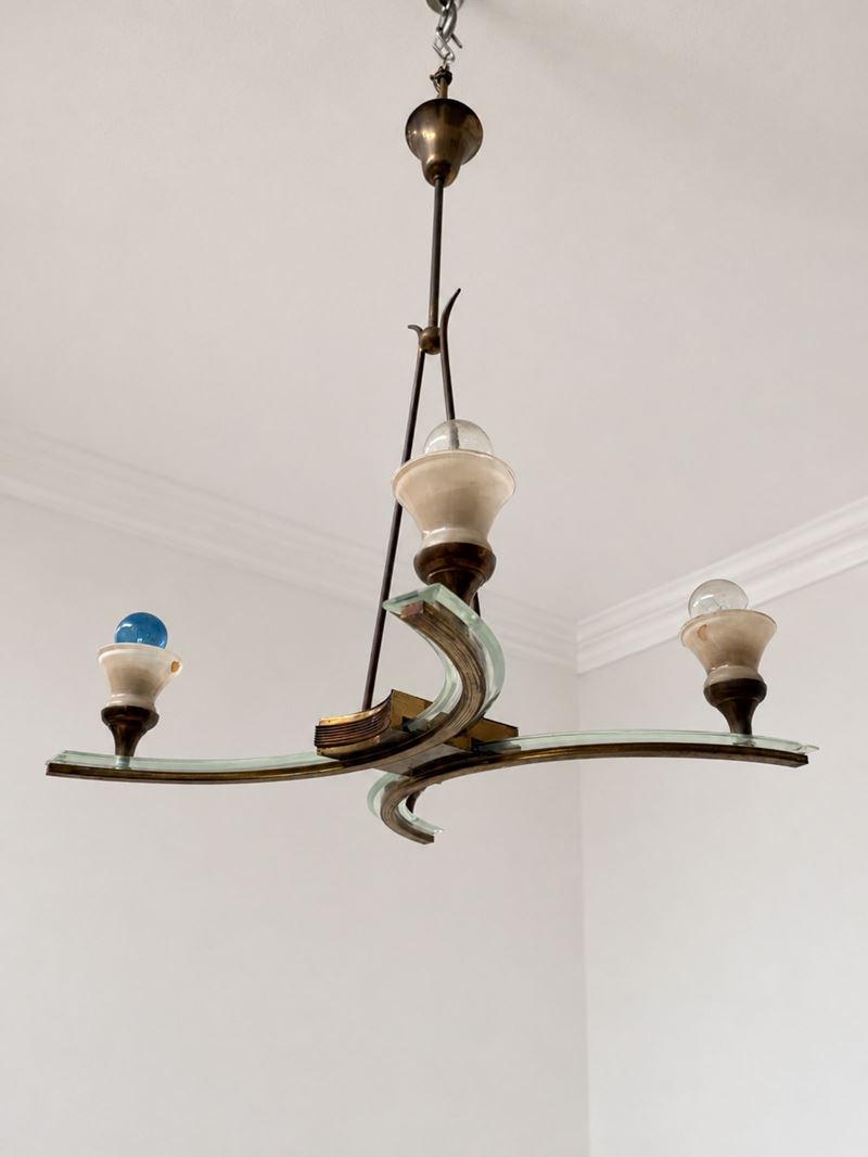 Manifattura Italiana - Lampadario Art Déco a quattro luci in ottone e vetro