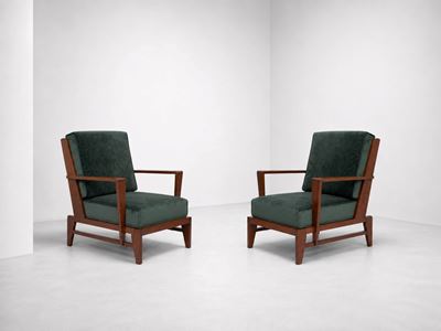 Coppia di poltrone in stile (anni ’60), legno e velluto verde