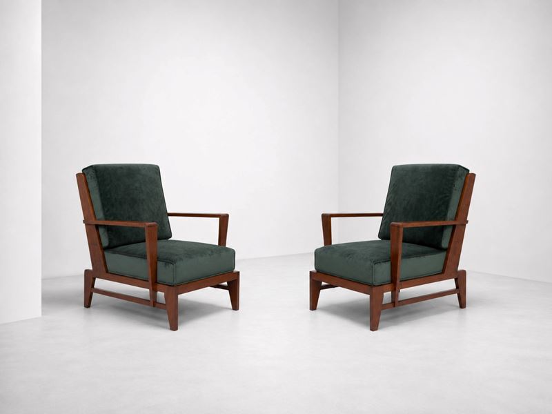 René Gabriel - Coppia di poltrone in stile (anni ’60), legno e velluto verde