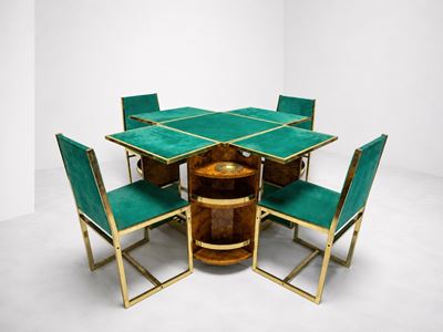 Set da gioco con tavolo apribile e quattro sedie, ottone e tessuto