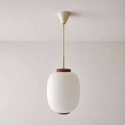 Pendente per Jacobsen Poulsen in teak e vetro opalino (Danimarca, anni 1970)