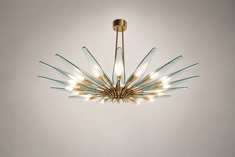 Max Ingrand - Lampadario Fontana Arte (modello Dhalia), ottone e vetro