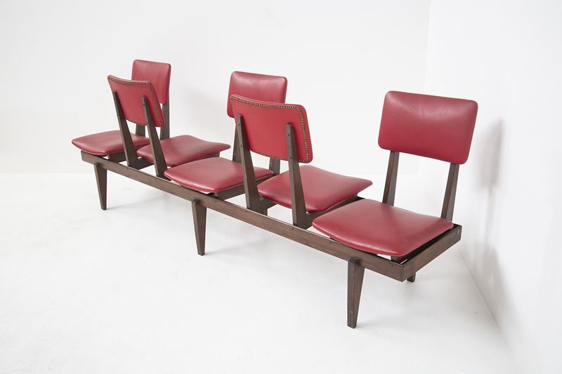 Panchina vintage italiana in legno e pelle rossa