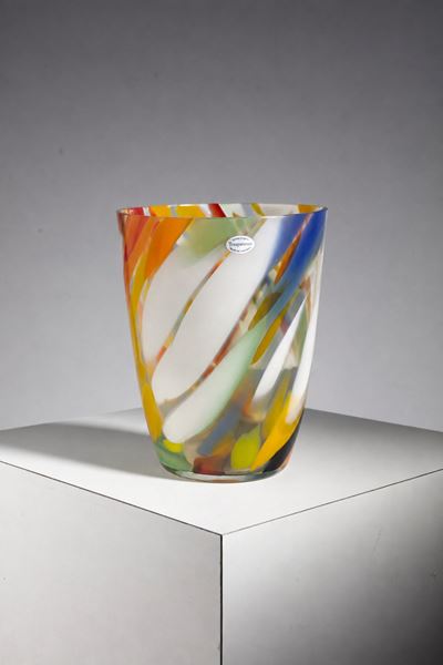 Vaso in vetro artistico con decorazione multicolore e etichetta Vetrid’Arte