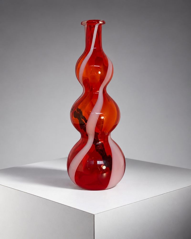 Fulvio Bianconi - Vaso in vetro di Murano con decorazione a spirale rossa e rosa