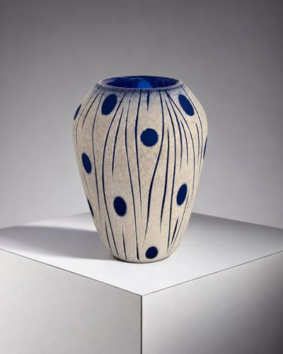 Vaso in vetro blu con decorazione bianca a rilievo
