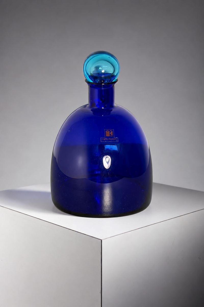 Carlo Moretti - Bottiglia in vetro di Murano blu cobalto con etichetta e tappo acquamarina