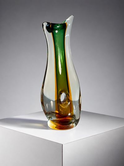 Vaso in vetro di Murano forato e sommerso in ambra e verde
