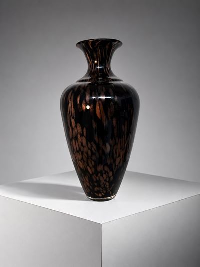 Vaso in vetro di Murano nero con avventurina e inclusioni di rame
