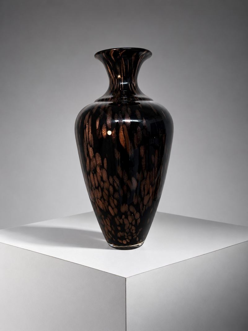 Murano Glass - Vaso in vetro di Murano nero con avventurina e inclusioni di rame