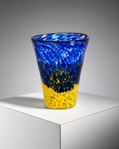 Vaso decorativo in vetro di Murano blu e giallo