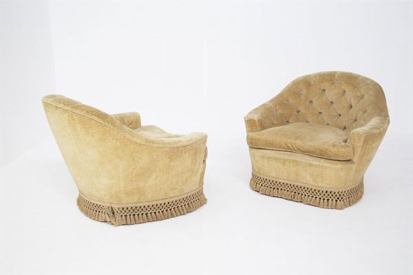 Pair of Italian Yellow Velvet Quilted Armchairs