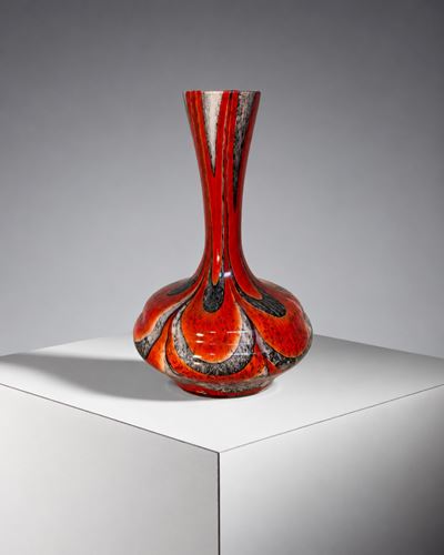 Vaso in vetro di Murano rosso e nero a motivo a fiamma
