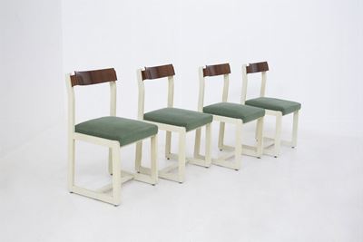 Set di Quattro Sedie Vintage Italiane in Legno e Tessuto