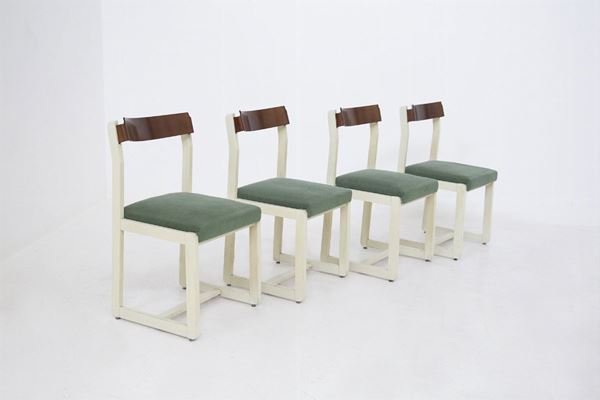 Set of Four Italian Vintage Chairs in Wood and Fabric