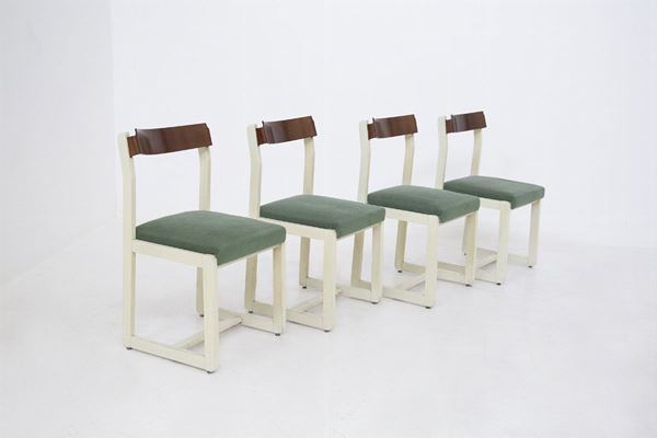 Set di quattro sedie vintage italiane in legno e tessuto