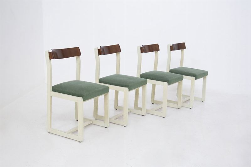 Set di Quattro Sedie Vintage Italiane in Legno e Tessuto