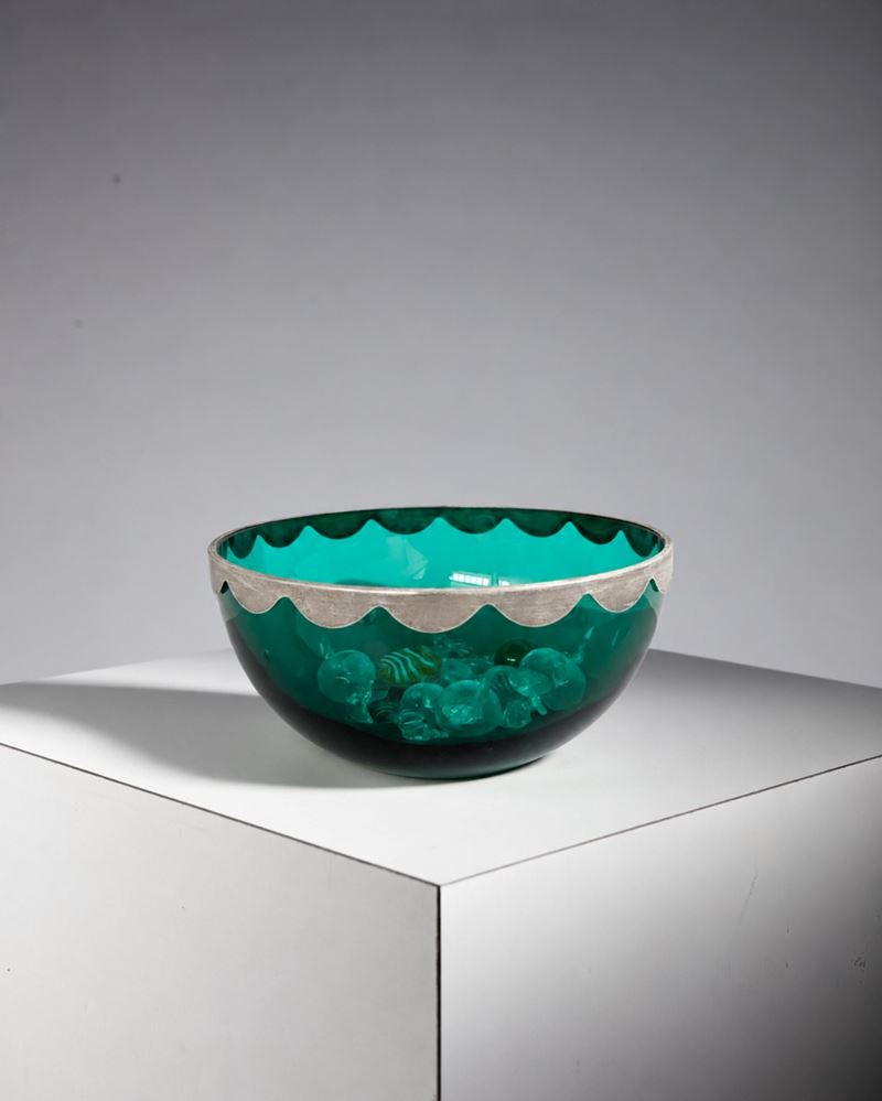 Manifattura Italiana - Ciotola decorativa in vetro di Murano verde smeraldo con bordo in metallo