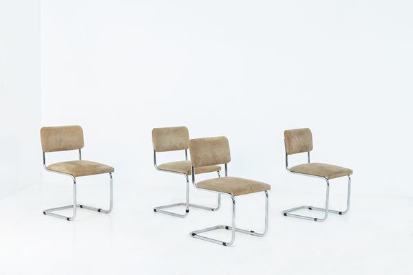 Set of four Italian Chairs in Steel and beige Velvet