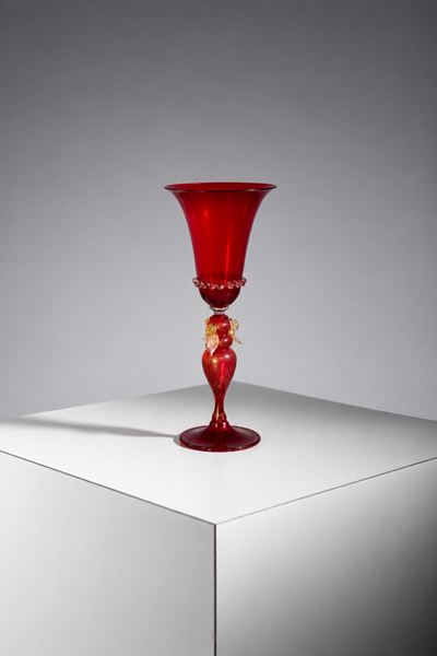 Calice veneziano in filigrana di vetro rosso soffiato (vetro di Murano)