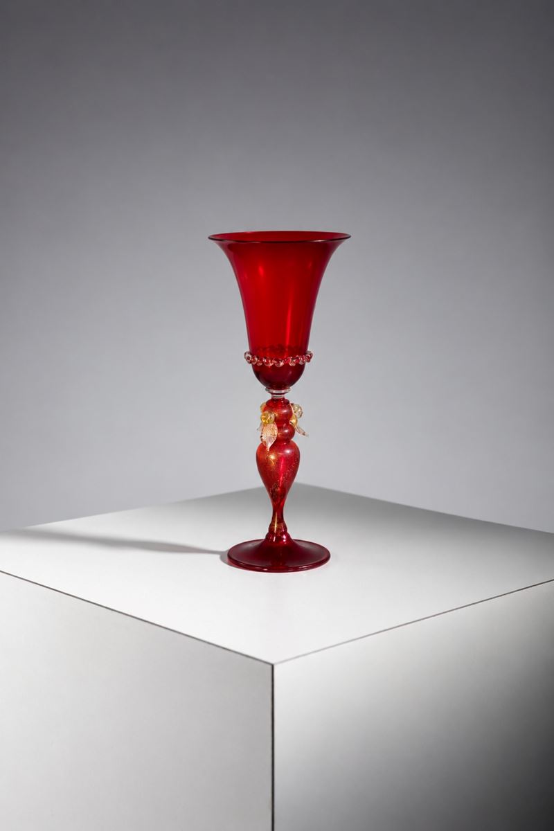 Murano Glass - Calice veneziano in filigrana di vetro rosso soffiato (vetro di Murano)