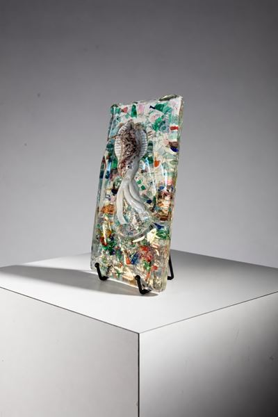 Pannello scultoreo in vetro di Murano con calamaro