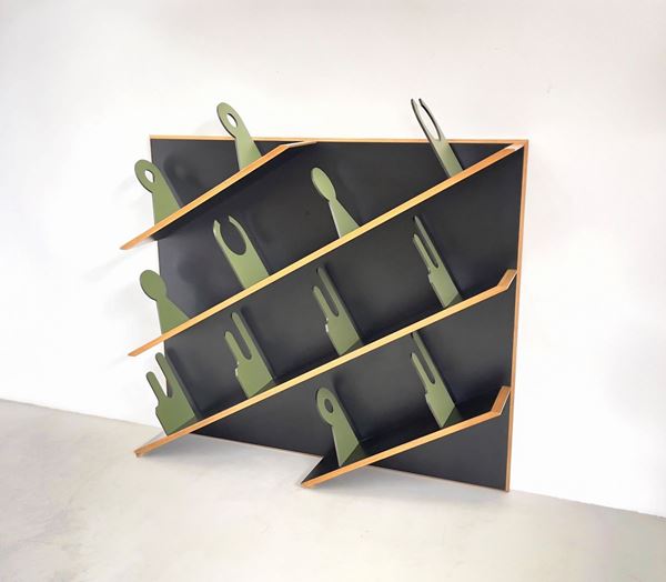 UGO NESPOLO (Attr). Suspended wooden bookcase